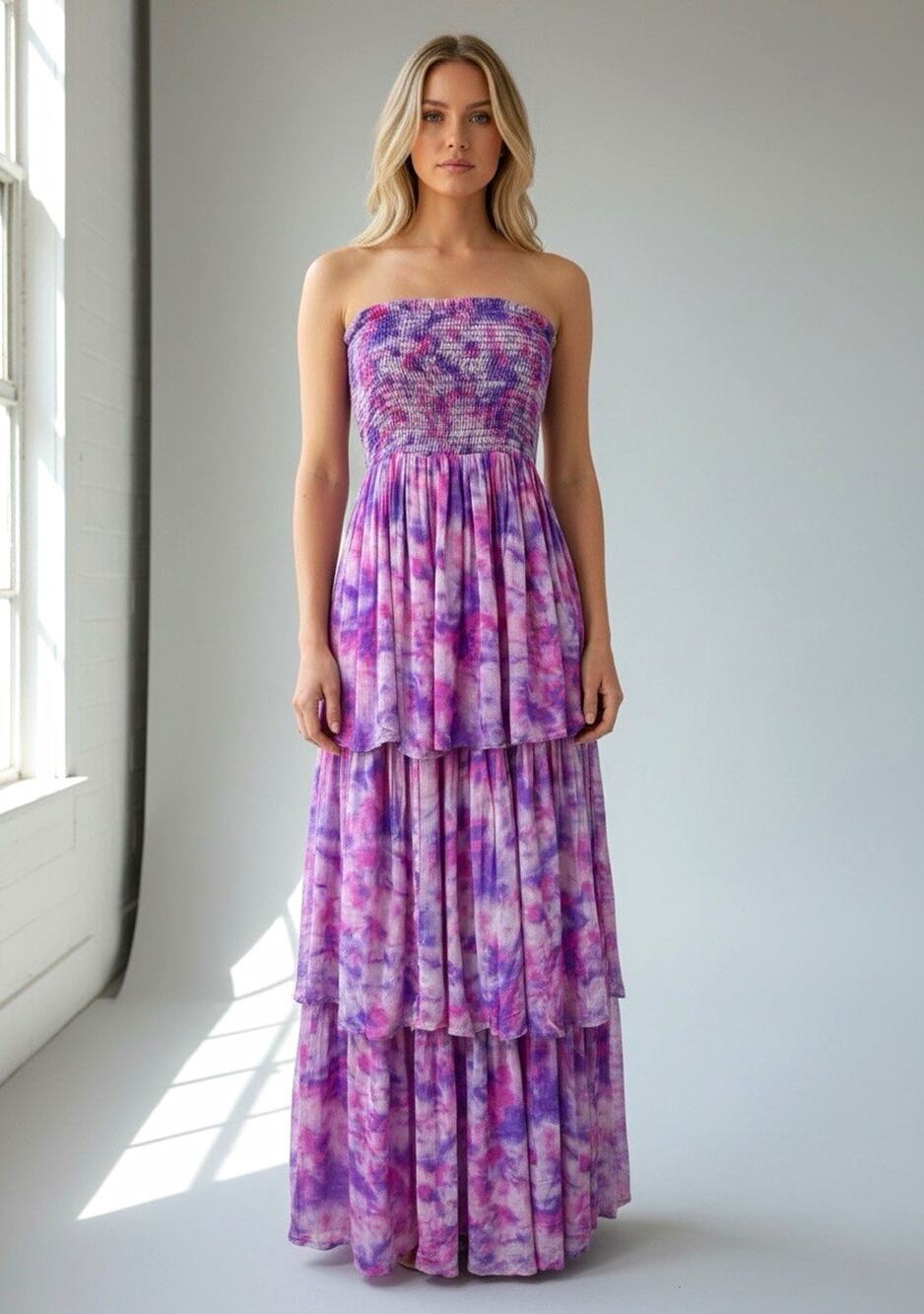 NWT Playa Lucila Tie Dye Strapless Tiered Maxi Dress Womens XS